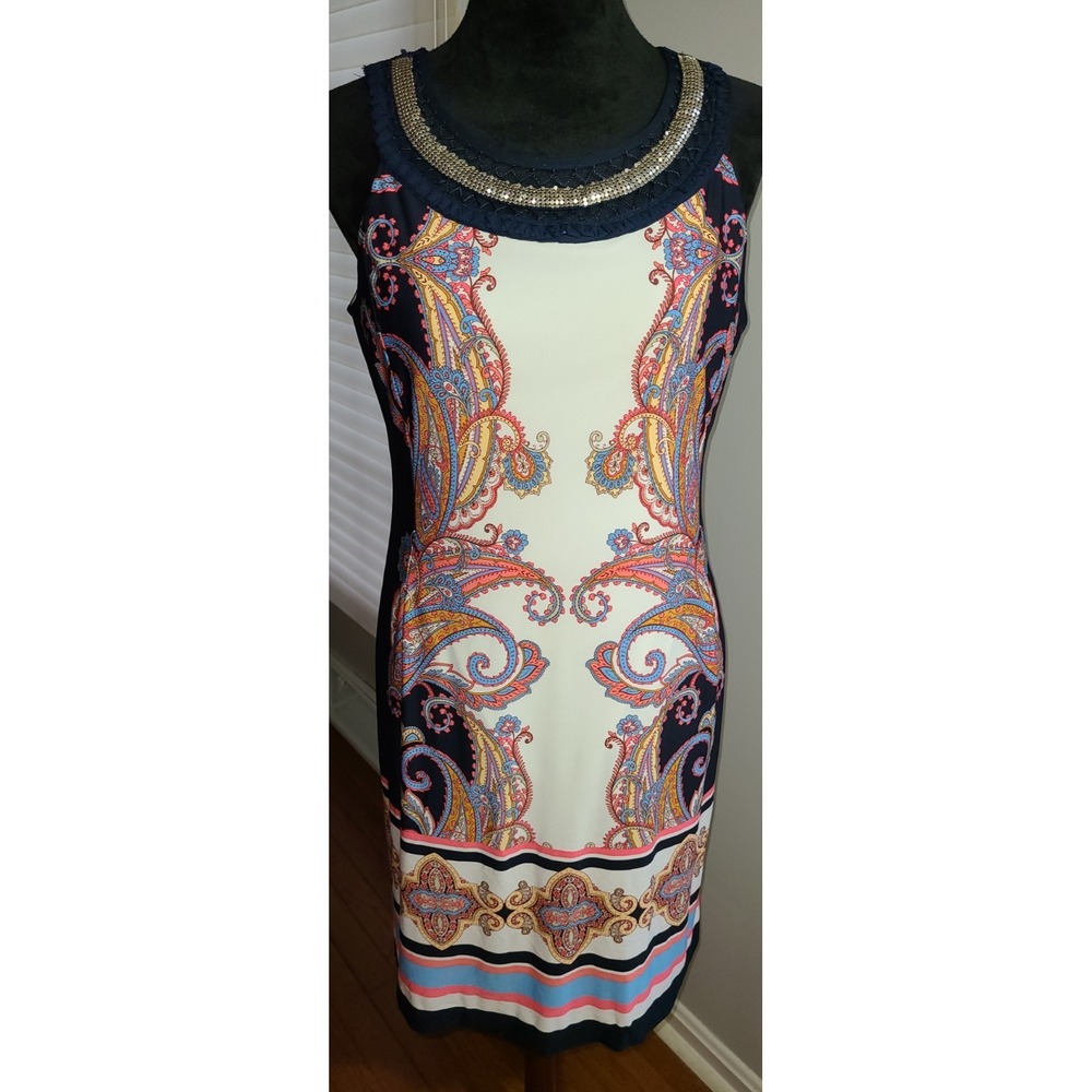 Roz & Ali Sheath Dress Metal Jeweled Neck Paisley Floral Print Knee Length‎ Sz 6